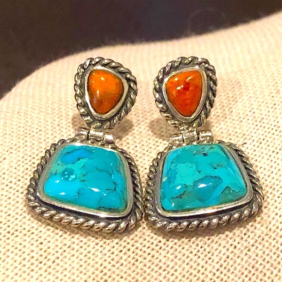 BARSE Sterling Silver Rope Edged Turquoise and Coral Drop Earrings - Picture 9 of 12